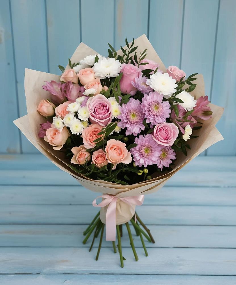 Букет цветов из: Хризантемы, Розы и Альстромерии в Верхнем Мамоне