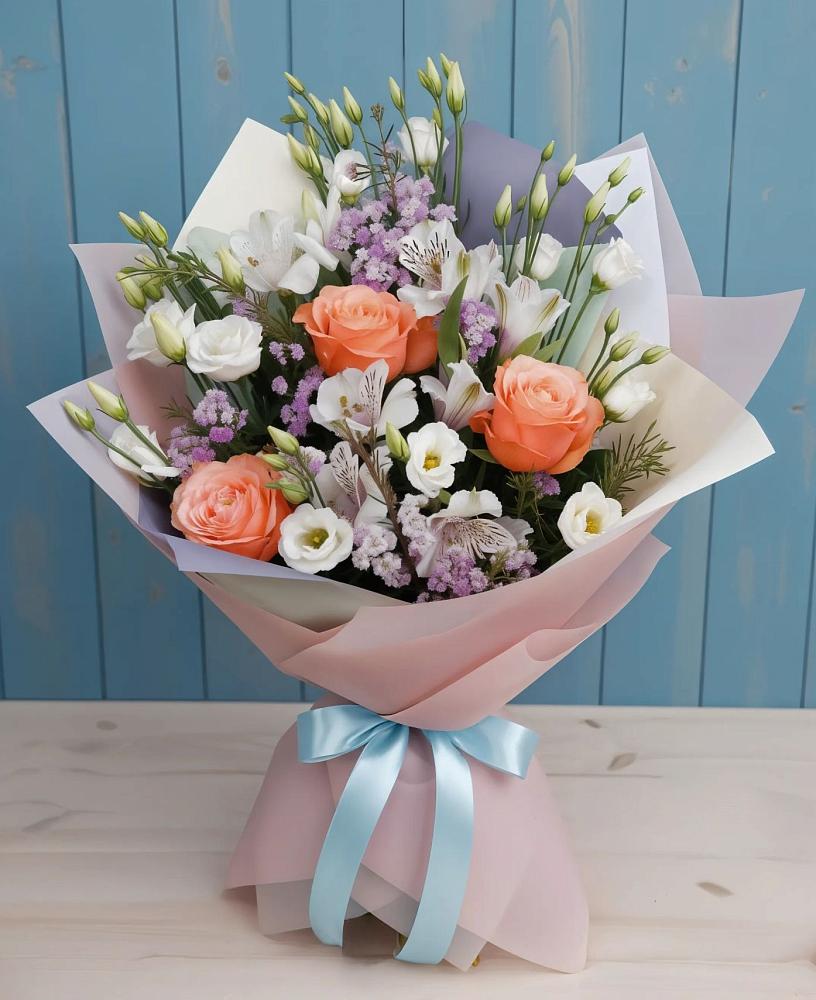 Букет цветов из: Лизиантусы, Розы, Альстромерии и Гипсофила в Верхнем Мамоне