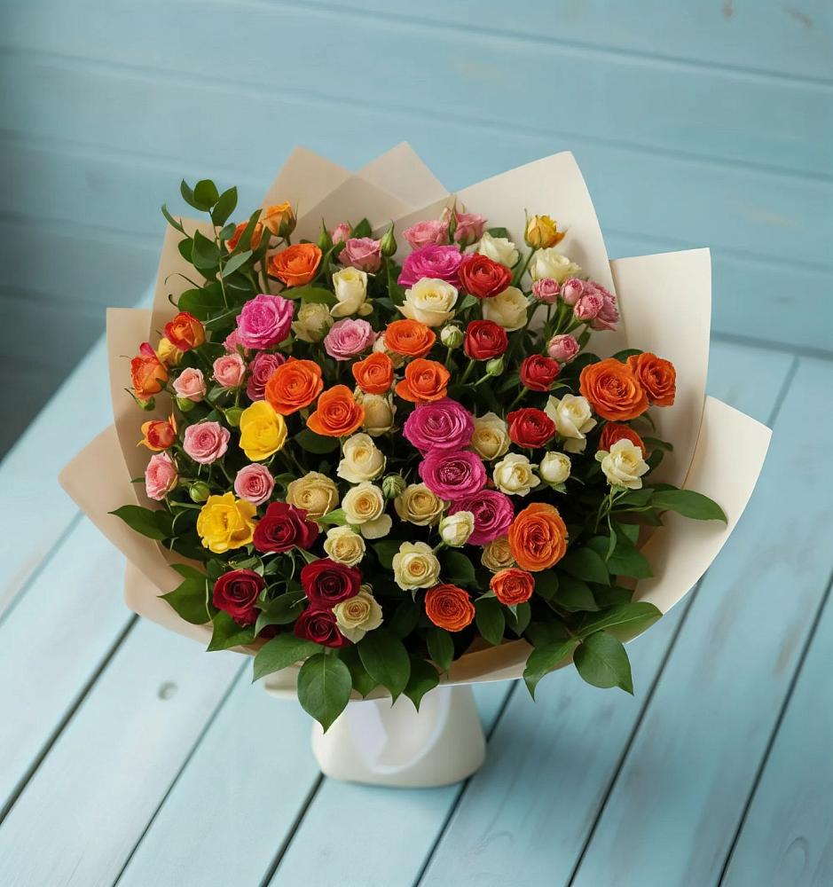 Букет Микс из разноцветных кустовых роз в Верхнем Мамоне