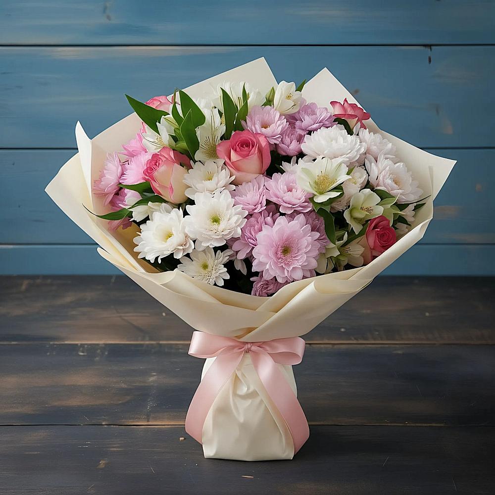 Букет цветов из: Хризантемы, Альстромерии и Розы в Верхнем Мамоне